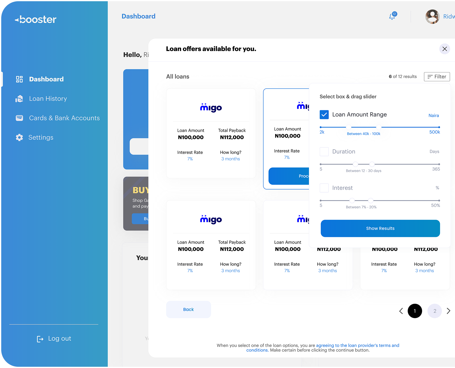 Loan offers + filter panel