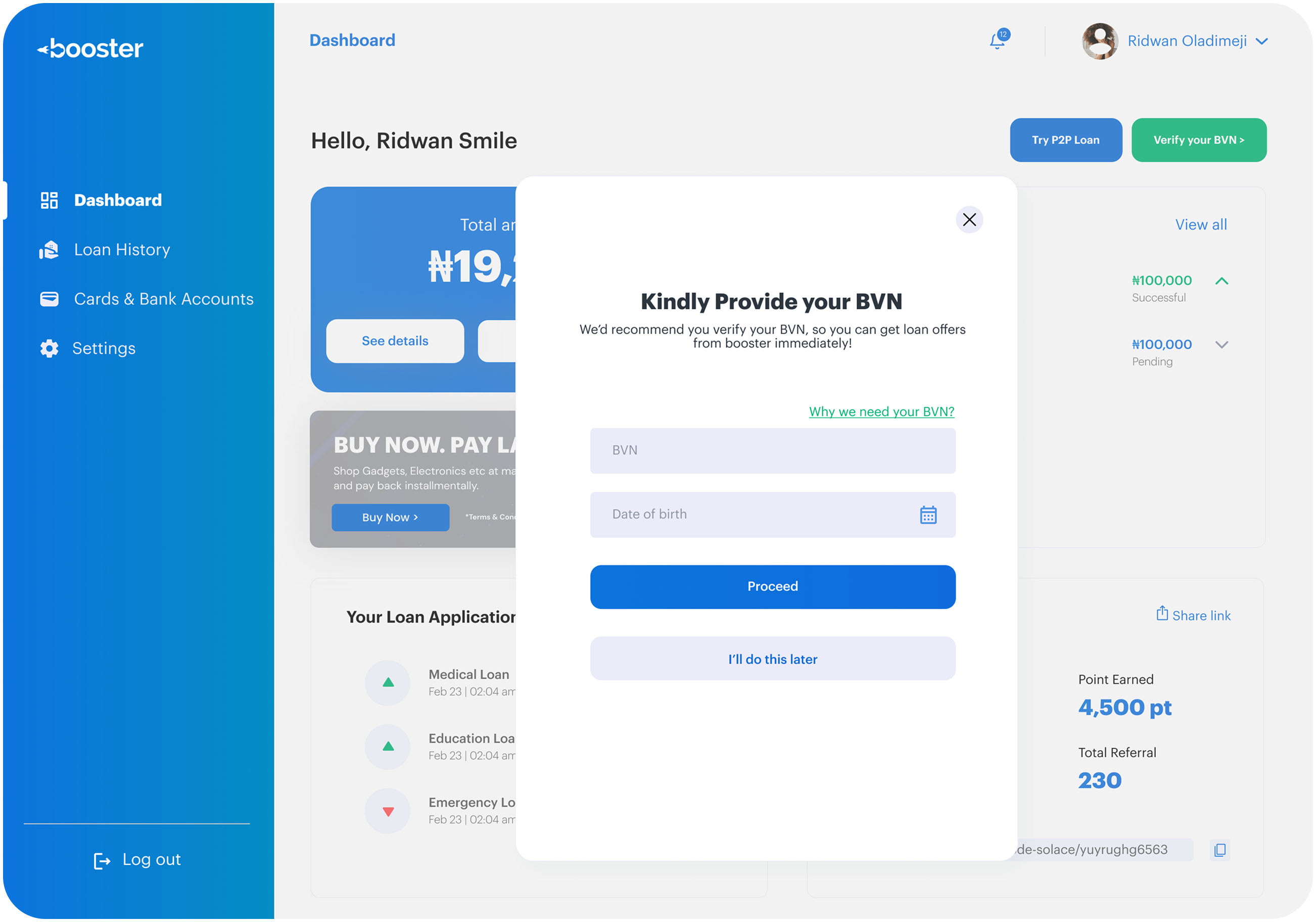 BVN modal — enter BVN + DOB