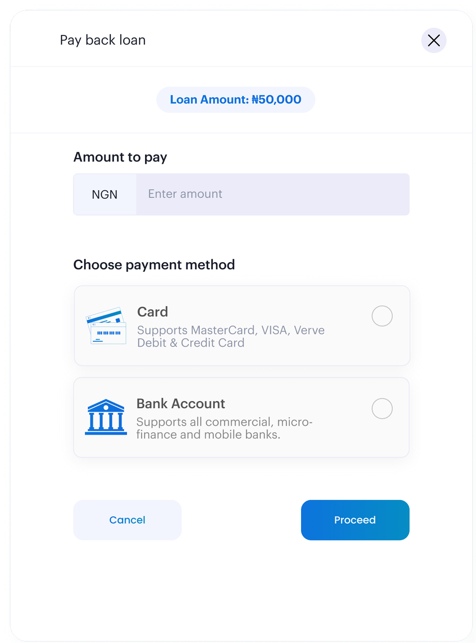 Bank account selected