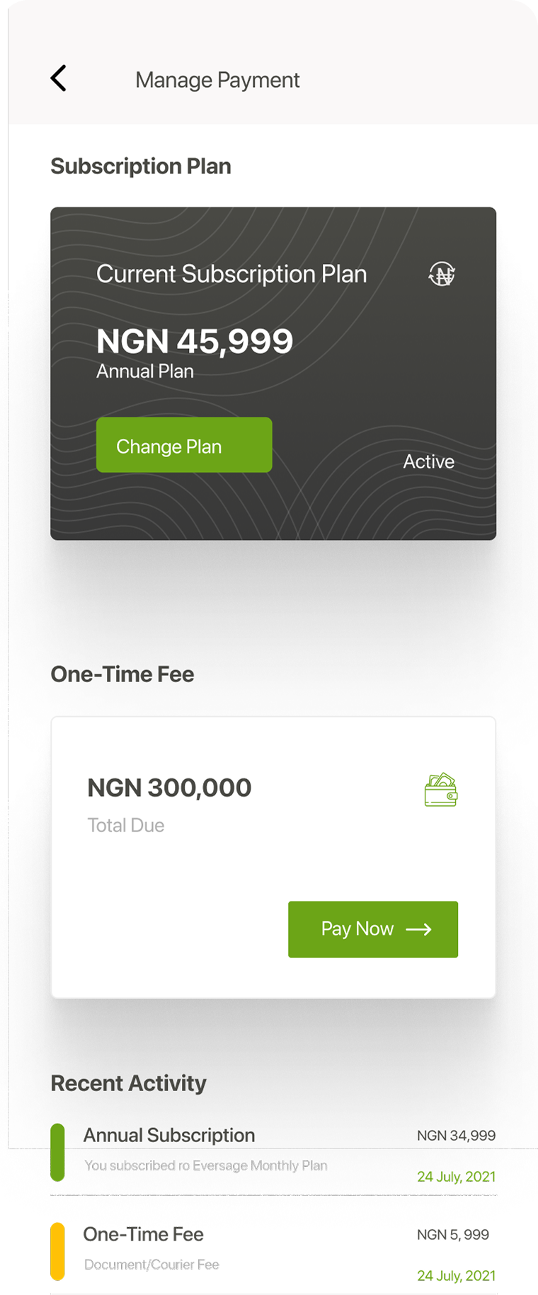 Manage Payment — subscription + one-time fee