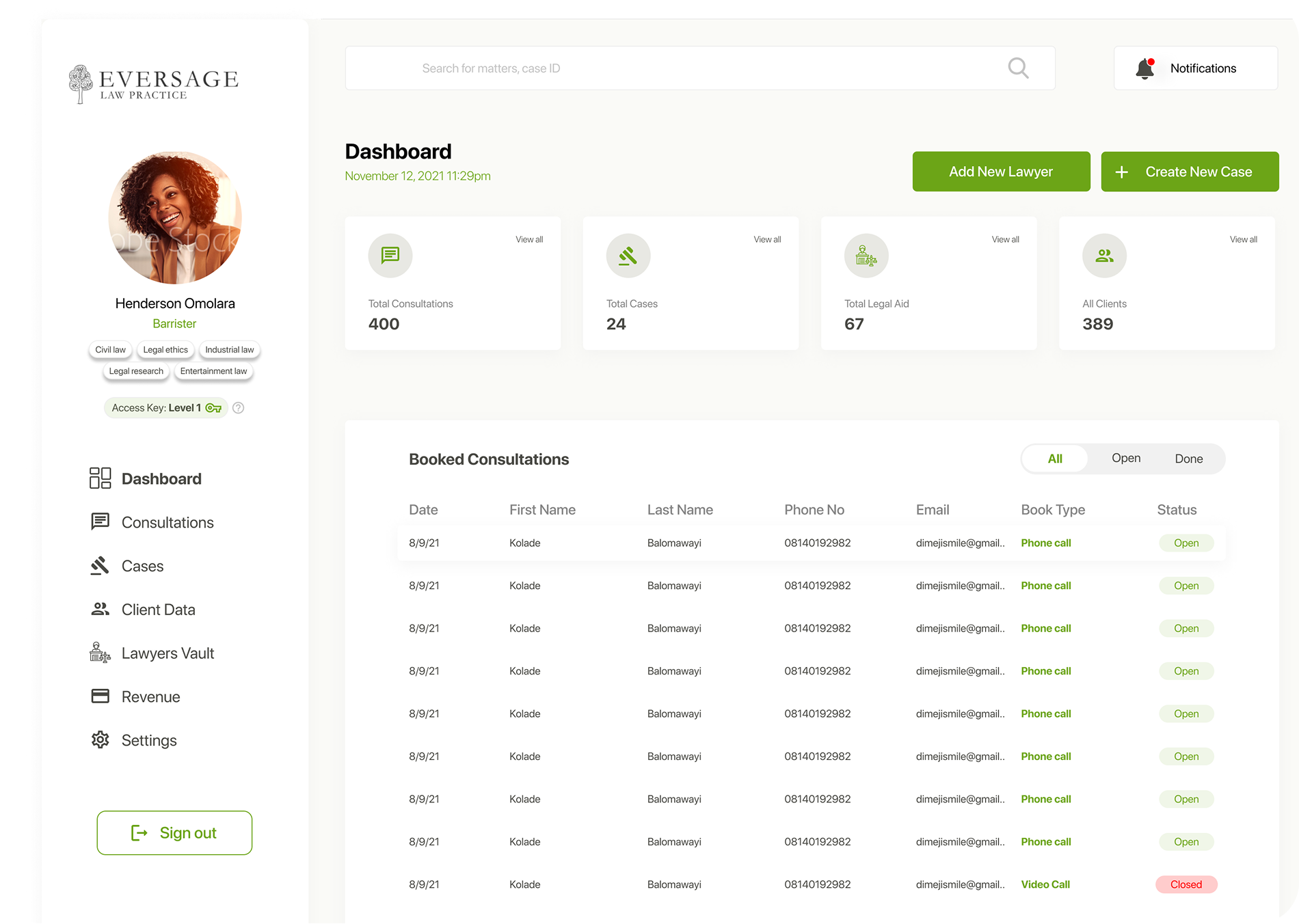 Lawyer dashboard — KPIs, consultations table, profile sidebar