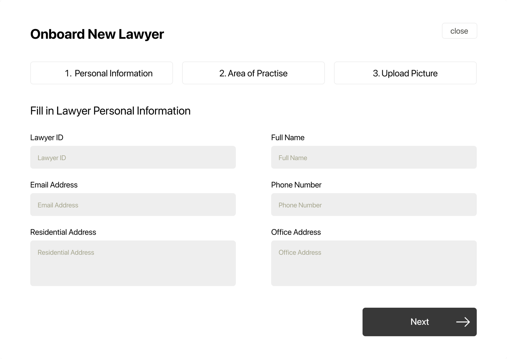 Onboard New Lawyer — 3-step wizard