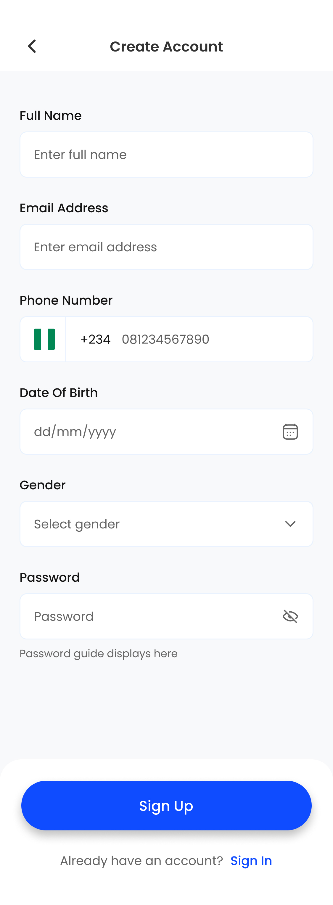 Create Account &mdash; full form