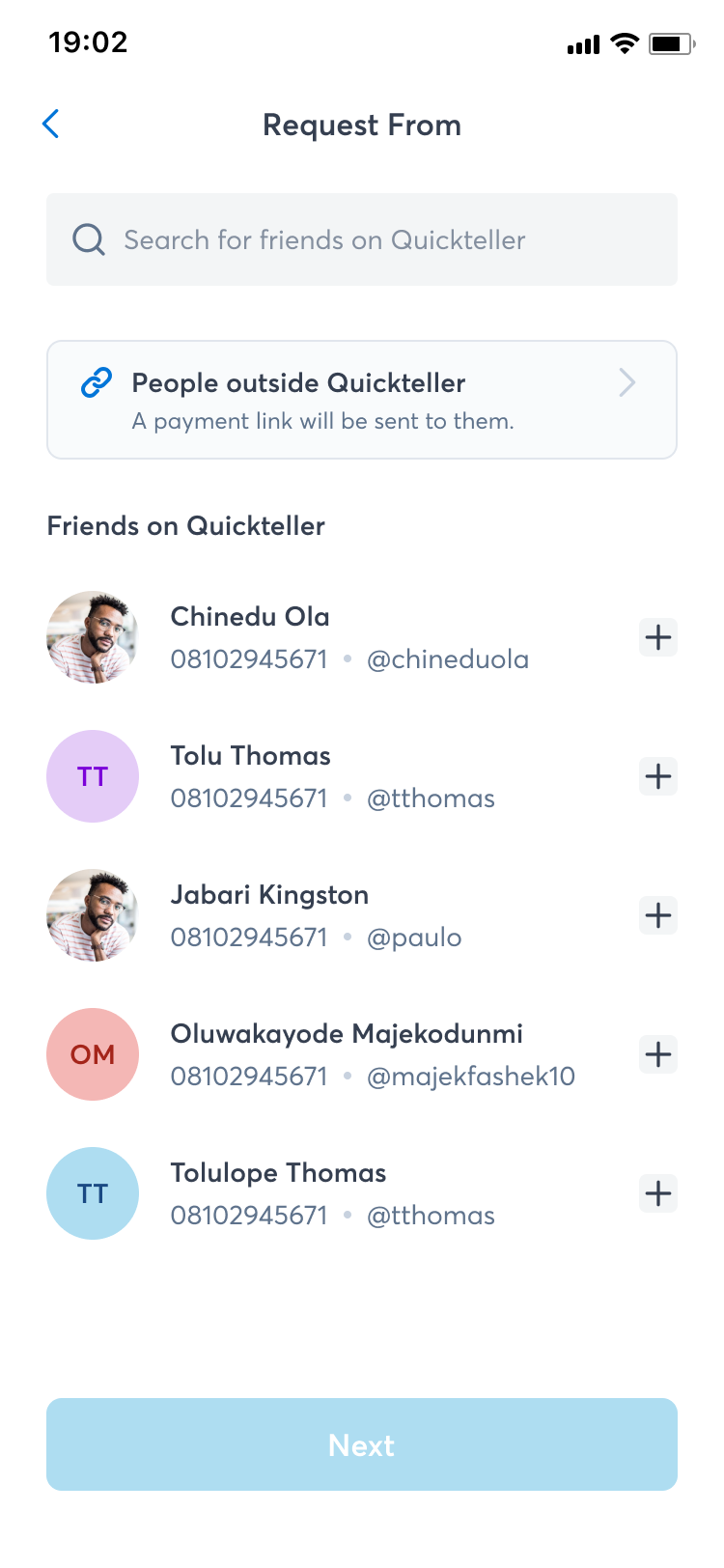 Split — select friends from Quickteller